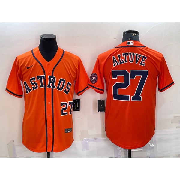 Men's Houston Astros #27 Jose Altuve Number Orange With Patch Stitched MLB Cool Base Nike Jersey