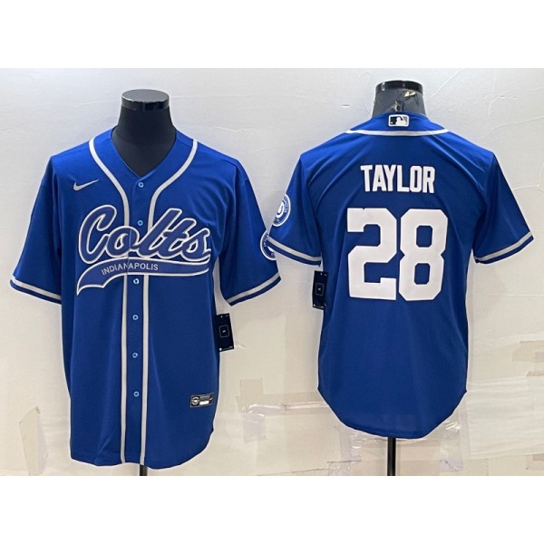 Men's Indianapolis Colts #28 Jonathan Taylor Blue With Patch Cool Base Stitched Baseball Jersey