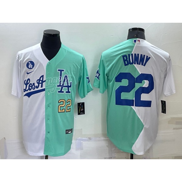 Men's Los Angeles Dodgers #22 Bad Bunny White Green 2022 All Star Cool Base Stitched Baseball Jersey1