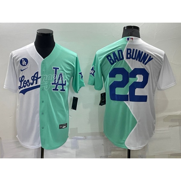 Men's Los Angeles Dodgers #22 Bad Bunny White Green Two Tone 2022 Celebrity Softball Game Cool Base Jersey