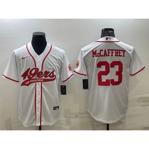 Men's San Francisco 49ers #23 Christian McCaffrey White With Patch Cool Base Stitched Baseball Jersey