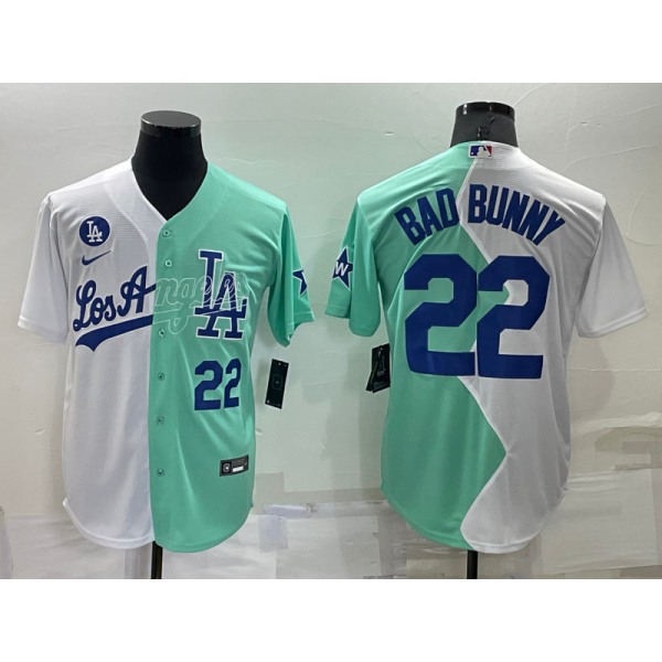 Mens Los Angeles Dodgers #22 Bad Bunny White Green Number 2022 Celebrity Softball Game Cool Base Jersey