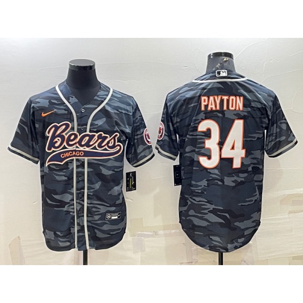 Men's Chicago Bears Blank #34 Walter Payton Grey Camo With Patch Cool Base Stitched Baseball Jerseys