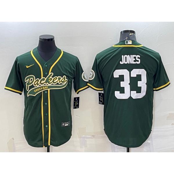 Men's Green Bay Packers #33 Aaron Jones Green With Patch Cool Base Stitched Baseball Jersey