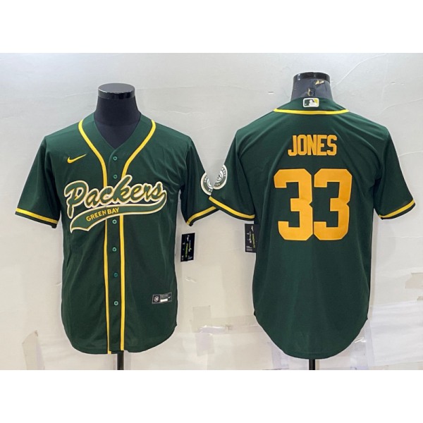 Men's Green Bay Packers #33 Aaron Jones Green Yellow With Patch Cool Base Stitched Baseball Jersey