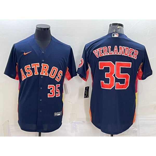 Men's Houston Astros #35 Justin Verlander Number Navy Blue With Patch Stitched MLB Cool Base Nike Jersey