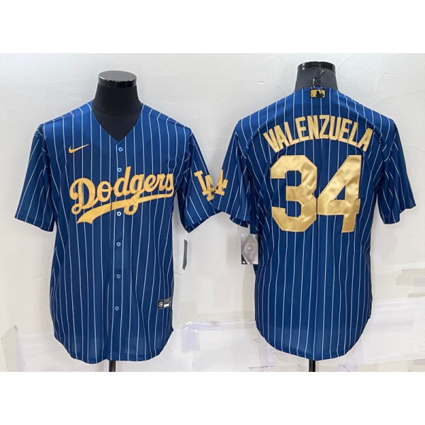 Men's Los Angeles Dodgers #34 Fernando Valenzuela Navy Blue Gold Pinstripe Stitched MLB Cool Base Nike Jersey