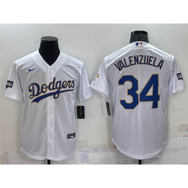 Men's Los Angeles Dodgers #34 Fernando Valenzuela White Gold Championship Stitched MLB Cool Base Nike Jersey
