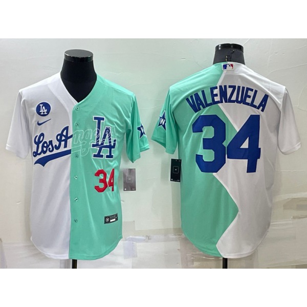 Men's Los Angeles Dodgers #34 Fernando Valenzuela White Green Number 2022 Celebrity Softball Game Cool Base Jersey