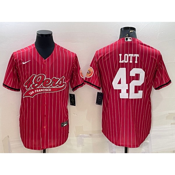 Men's San Francisco 49ers #42 Ronnie Lott Red Pinstripe With Patch Cool Base Stitched Baseball Jersey