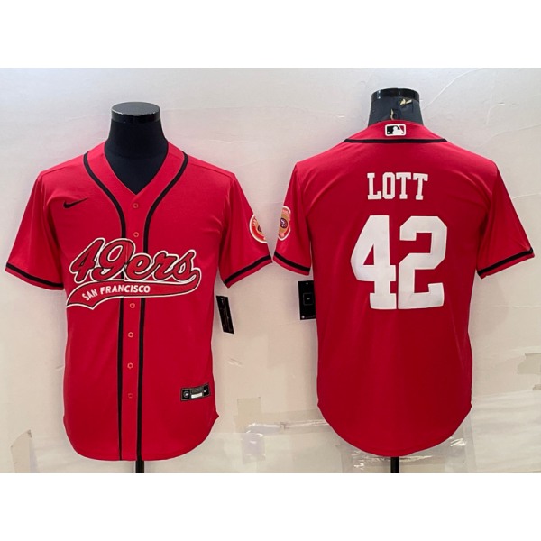 Men's San Francisco 49ers #42 Ronnie Lott Red With Patch Cool Base Stitched Baseball Jersey