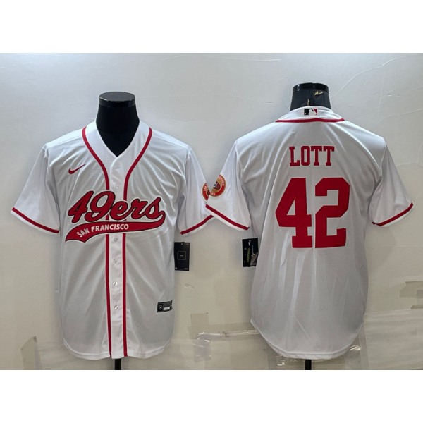 Men's San Francisco 49ers #42 Ronnie Lott White With Patch Cool Base Stitched Baseball Jersey