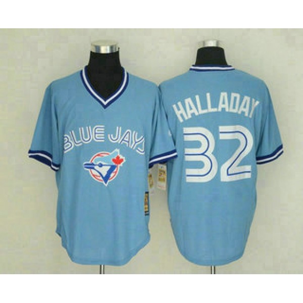 Men's Toronto Blue Jays #32 Roy Halladay Light Blue Pullover Stitched MLB Throwback Jersey By Mitchell & Ness