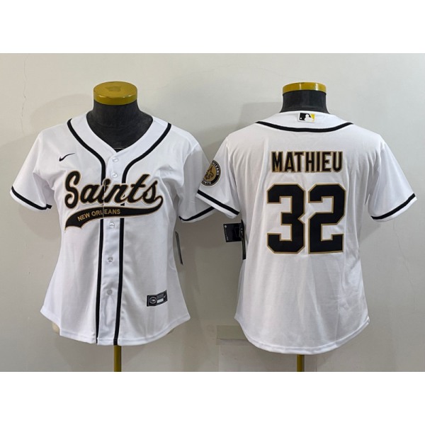Women's New Orleans Saints #32 Tyrann Mathieu White With Patch Cool Base Stitched Baseball Jersey