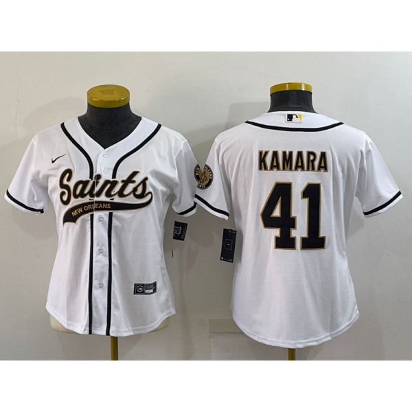 Women's New Orleans Saints #41 Alvin Kamara White With Patch Cool Base Stitched Baseball Jersey