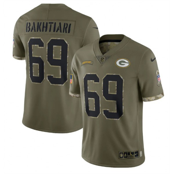 Men's Green Bay Packers #69 David Bakhtiari 2022 Olive Salute To Service Limited Stitched Jersey