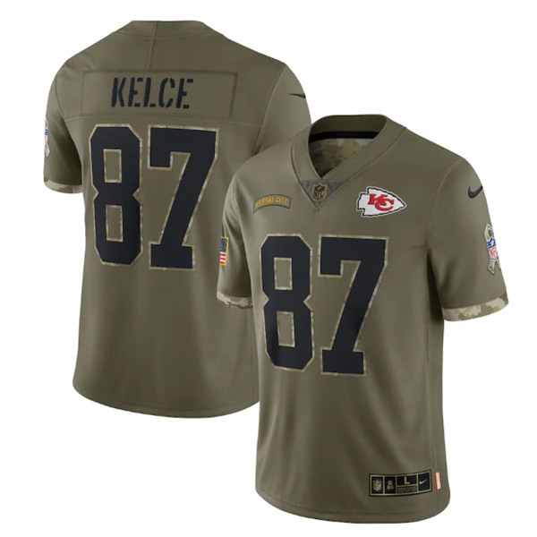 Men's Kansas City Chiefs #87 Travis Kelce 2022 Olive Salute To Service Limited Stitched Jersey