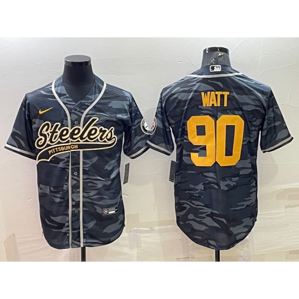 Men's Pittsburgh Steelers #90 TJ Watt Grey Navy Camo With Patch Cool Base Stitched Baseball Jersey
