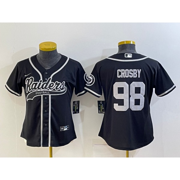 Women's Las Vegas Raiders #98 Maxx Crosby Black With Patch Cool Base Stitched Baseball Jersey