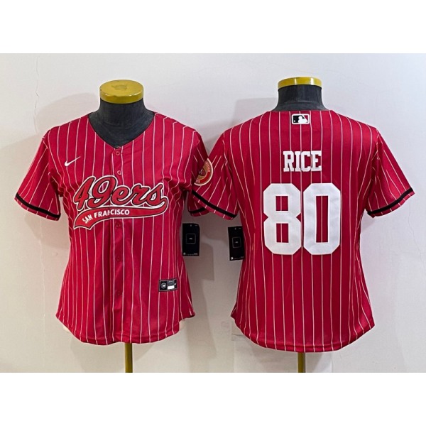 Women's San Francisco 49ers #80 Jerry Rice Red Pinstripe With Patch Cool Base Stitched Baseball Jersey