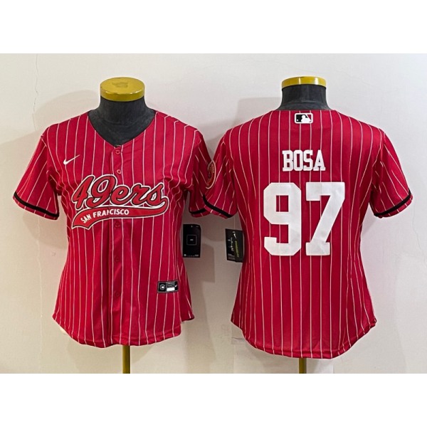 Women's San Francisco 49ers #97 Nick Bosa Red Pinstripe With Patch Cool Base Stitched Baseball Jersey