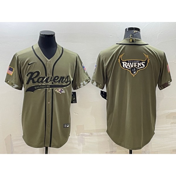 Men's Baltimore Ravens Olive Salute to Service Team Big Logo Cool Base Stitched Baseball Jersey
