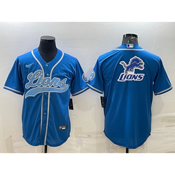 Men's Detroit Lions Blue Team Big Logo With Patch Cool Base Stitched Baseball Jersey