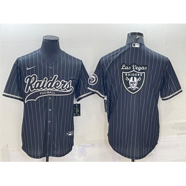 Men's Las Vegas Raiders Black Pinstripe Team Big Logo With Patch Cool Base Stitched Baseball Jersey