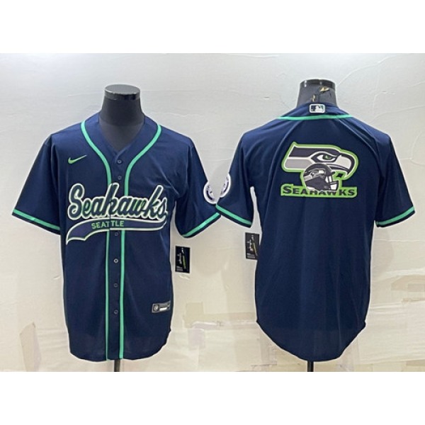 Men's Seattle Seahawks Navy Team Big Logo With Patch Cool Base Stitched Baseball Jersey