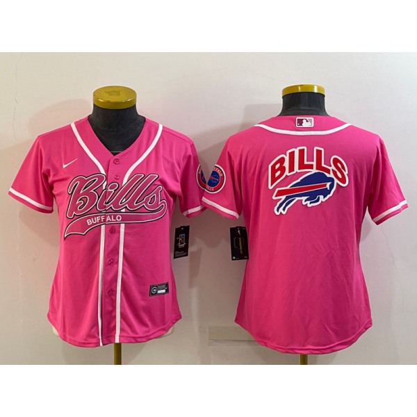 Women's Buffalo Bills Pink Team Big Logo With Patch Cool Base Stitched Baseball Jersey
