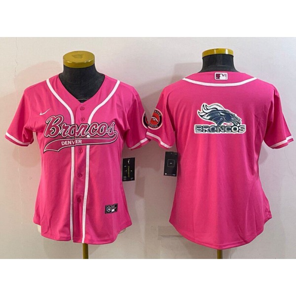 Women's Denver Broncos Pink Team Big Logo With Patch Cool Base Stitched Baseball Jersey