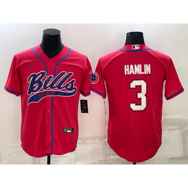 Men's Buffalo Bills #3 Damar Hamlin Red With Patch Cool Base Stitched Baseball Jersey