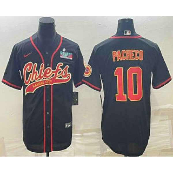 Men's Kansas City Chiefs #10 Isiah Pacheco Black With Super Bowl LVII Patch Cool Base Stitched Baseball Jersey