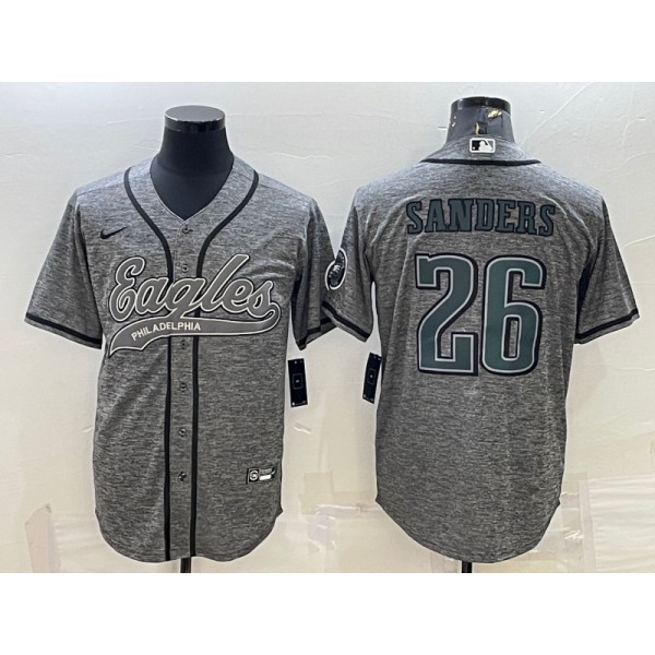 Men's Philadelphia Eagles #26 Miles Sanders Grey Gridiron With Patch Cool Base Stitched Baseball Jersey