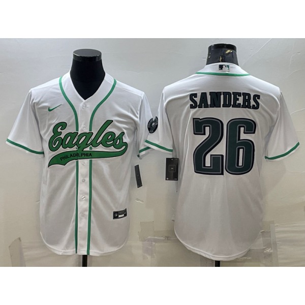Men's Philadelphia Eagles #26 Miles Sanders White With Patch Cool Base Stitched Baseball Jersey