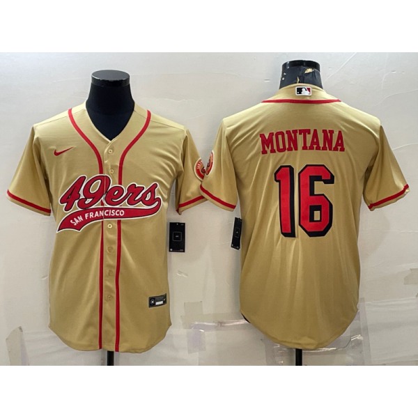 Men's San Francisco 49ers #16 Joe Montana Gold Color Rush With Patch Cool Base Stitched Baseball Jersey