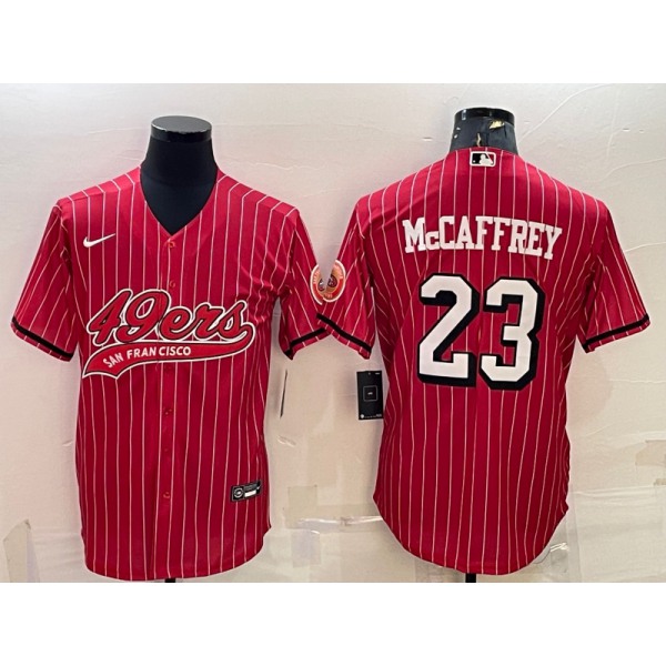 Men's San Francisco 49ers #23 Christian McCaffrey Red Pinstripe Color Rush With Patch Cool Base Stitched Baseball Jersey