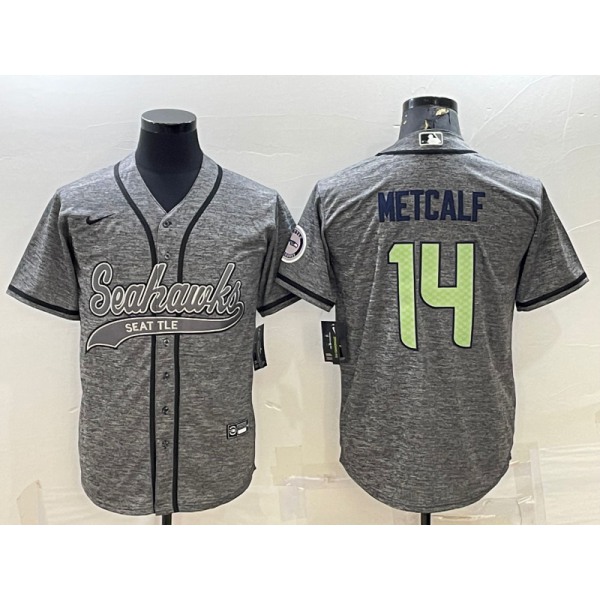 Men's Seattle Seahawks #14 DK Metcalf Grey Gridiron With Patch Cool Base Stitched Baseball Jersey