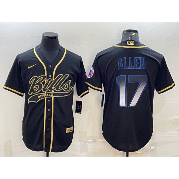 Men's Buffalo Bills #17 Josh Allen Black Gold Vapor Smoke With Patch Cool Base Stitched Baseball Jersey