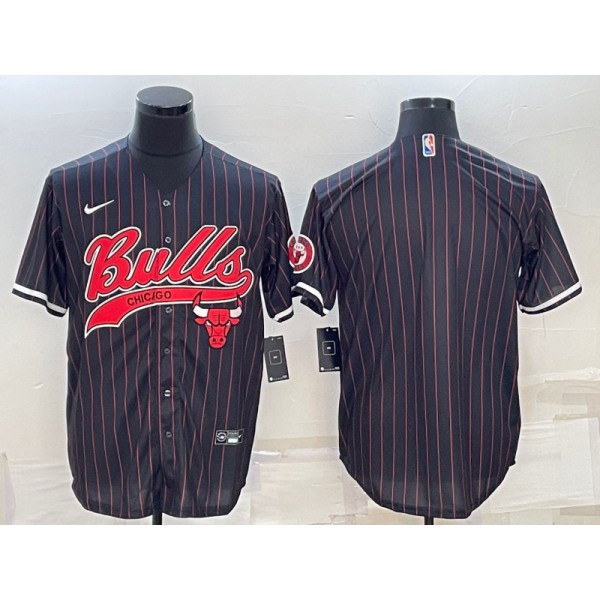 Men's Chicago Bulls Blank Black Pinstripe With Patch Cool Base Stitched Baseball Jersey