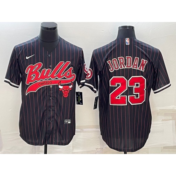 Men's Chicago Bulls #23 Michael Jordan Black Pinstripe With Patch Cool Base Stitched Baseball Jersey