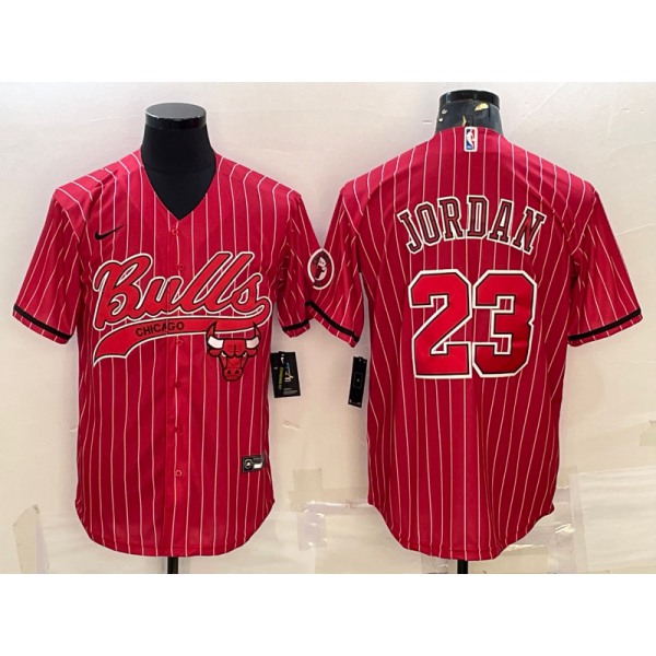 Men's Chicago Bulls #23 Michael Jordan Red Pinstripe With Patch Cool Base Stitched Baseball Jersey