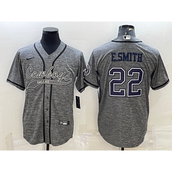 Men's Dallas Cowboys #22 Emmitt Smith Grey Gridiron With Patch Cool Base Stitched Baseball Jersey