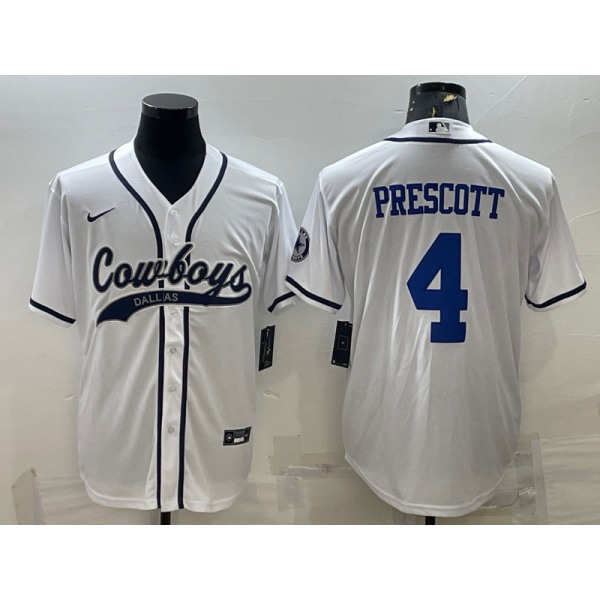 Men's Dallas Cowboys #4 Dak Prescott White With Patch Cool Base Stitched Baseball Jersey