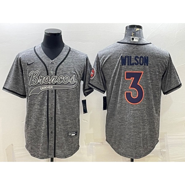 Men's Denver Broncos #3 Russell Wilson Grey Gridiron With Patch Cool Base Stitched Baseball Jersey
