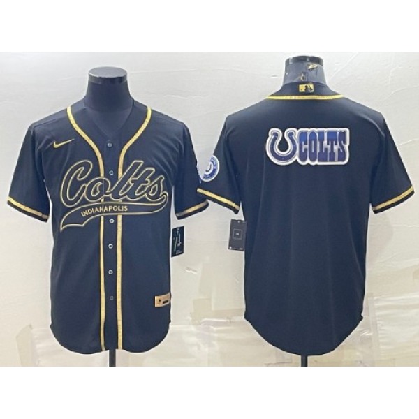 Men's Indianapolis Colts Black Gold Team Big Logo With Patch Cool Base Stitched Baseball Jersey