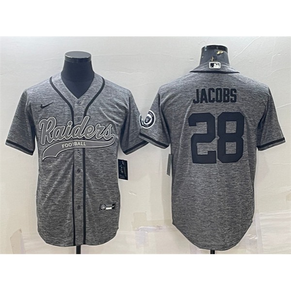 Men's Las Vegas Raiders #28 Josh Jacobs Gray With Patch Cool Base Stitched Baseball Jersey