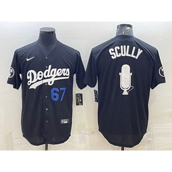 Men's Los Angeles Dodgers #67 Vin Scully Black Blue Big Logo With Vin Scully Patch Stitched Jersey