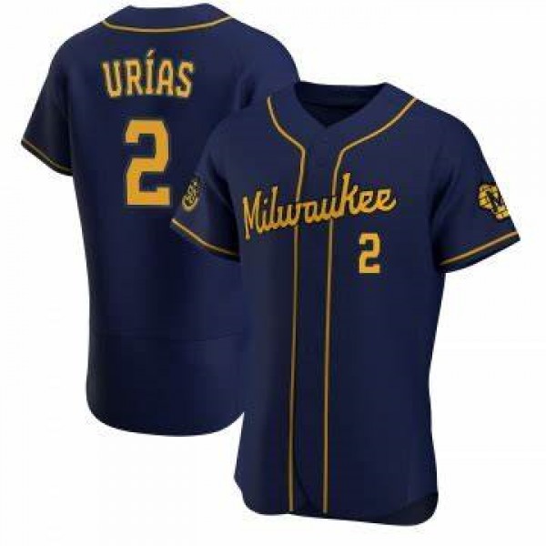 Men's Milwaukee Brewers #2 Luis Urias Navy Blue Stitched MLB Cool Base Nike Jersey