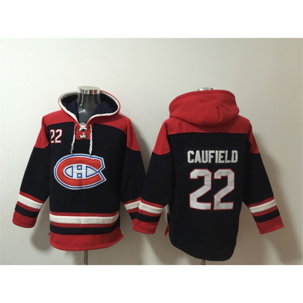 Men's Montreal Canadiens #22 Cole Caufield Navy Red Lace-Up Pullover Hoodie